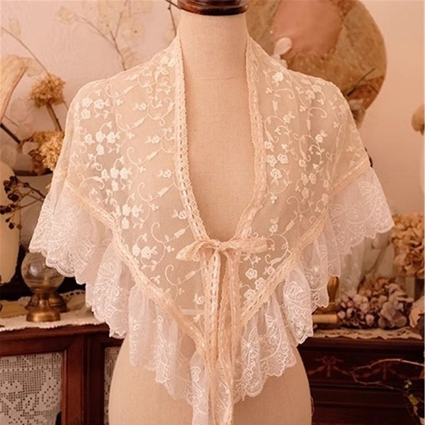 Beige Rose Embroidered Lace Pleated Triangle Scarf Shawl/All-match Cape/Covering Arms/Bridal Wraps/Dress Accessories/Wedding Separates