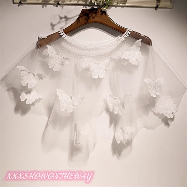 3-D Butterfly Appliques White Tulle Pullover Shawl/Shrug/All-match Cape/Covering Arms/Bridal Wraps/Dress Accessories/Wedding Separates