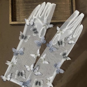 3D grijze vlinder stoffen witte Tule handschoenen/handgemaakte handschoenen/Prom Dress handschoenen/bruidsjurk accessoires/bruiloft scheidt afbeelding 1