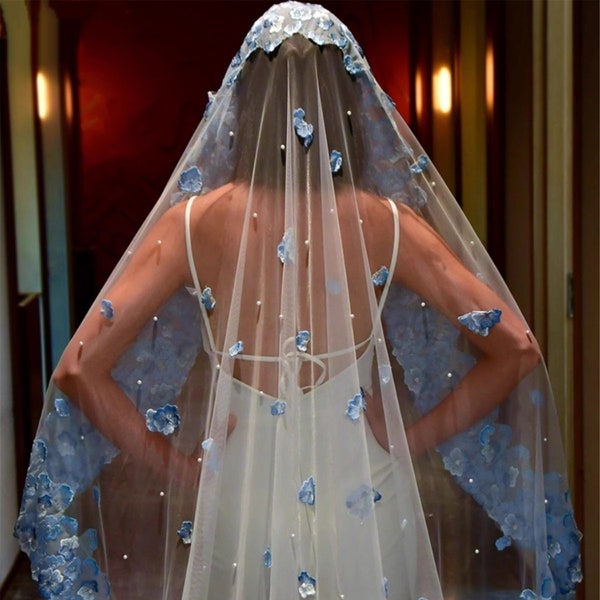 Retro Gradient Blue 3-D Flower Petal Veil/Bridal Veil/Makeup Hair Accessories/Wedding Accessories/Bridal Head-wear/Headpiece