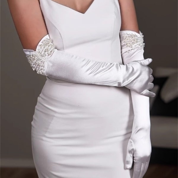 Long Beaded White Satin Gloves/Detachable Gloves Sleeves/Prom Dress Gloves/Bridal Dress Accessories/Wedding Separates/Dress Accessories