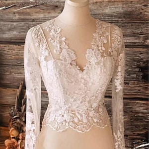 Elegant Lace V-neck Long Sleeves Tulle Inner Wear/Bottoming Blouse/Tulle Bolero Top/Dress Topper/Wedding Separates/Dress Coverup