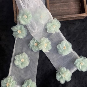 Fairy groene bloem stoffen witte Tule handschoenen/handgemaakte handschoenen/prom jurk handschoenen/bruidsjurk accessoires/bruiloft scheidt afbeelding 3