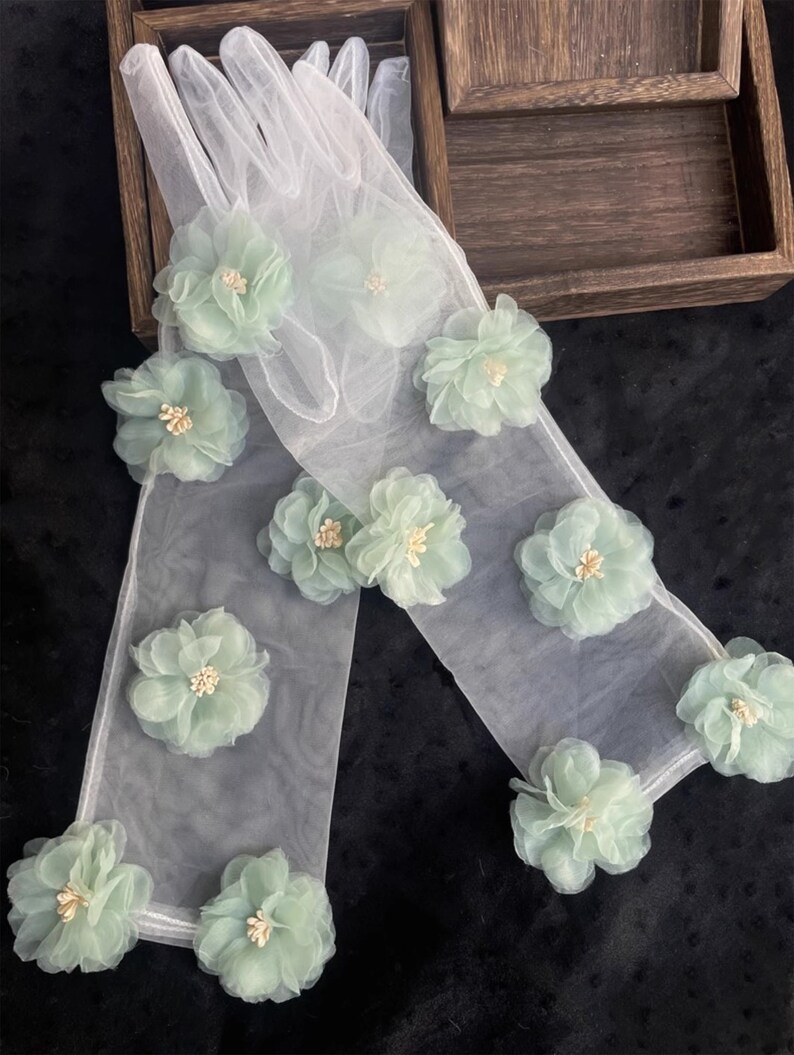 Fairy groene bloem stoffen witte Tule handschoenen/handgemaakte handschoenen/prom jurk handschoenen/bruidsjurk accessoires/bruiloft scheidt afbeelding 3