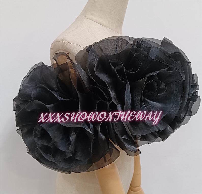 Off-the-shoulder zwarte organza bloem sjaal/verstelbare sjaal/prom jurk wraps/bruidsjurk accessoires/bruiloft scheidt/bruids zwarte sjaal afbeelding 2