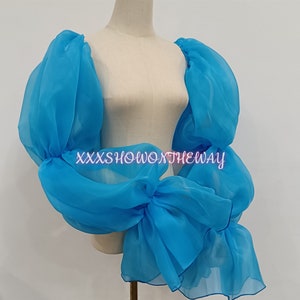 Lange blauwe gezwollen gegolfde organza elastische mouwen/afneembare armmouwen/prom dress mouwen/bruidsjurk accessoires/bruiloft scheidt afbeelding 3