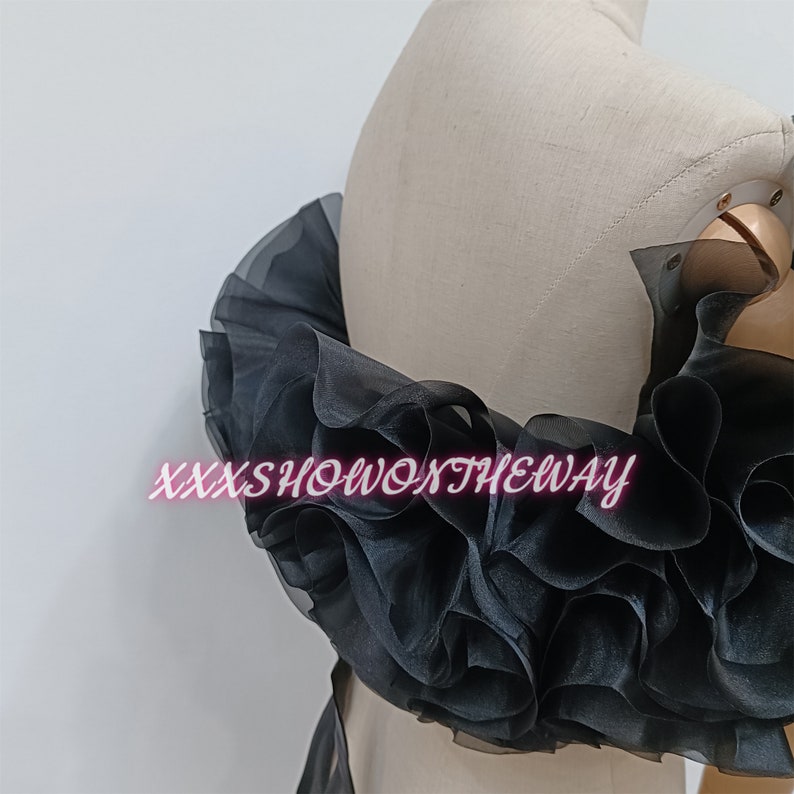 Off-the-shoulder zwarte organza bloem sjaal/verstelbare sjaal/prom jurk wraps/bruidsjurk accessoires/bruiloft scheidt/bruids zwarte sjaal afbeelding 4
