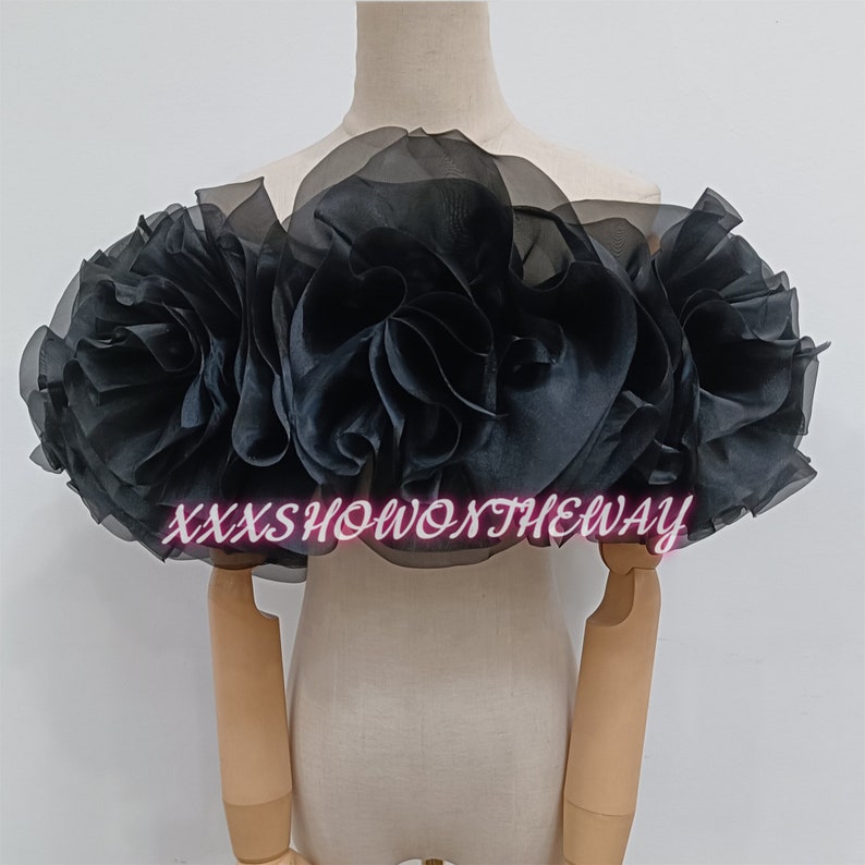 Off-the-shoulder zwarte organza bloem sjaal/verstelbare sjaal/prom jurk wraps/bruidsjurk accessoires/bruiloft scheidt/bruids zwarte sjaal afbeelding 1