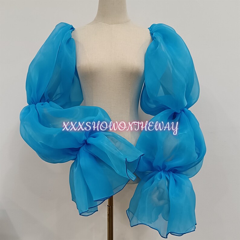 Lange blauwe gezwollen gegolfde organza elastische mouwen/afneembare armmouwen/prom dress mouwen/bruidsjurk accessoires/bruiloft scheidt afbeelding 2