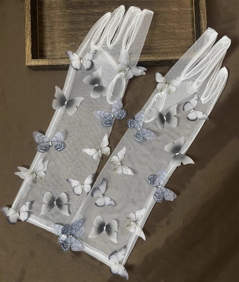 3D grijze vlinder stoffen witte Tule handschoenen/handgemaakte handschoenen/Prom Dress handschoenen/bruidsjurk accessoires/bruiloft scheidt afbeelding 1