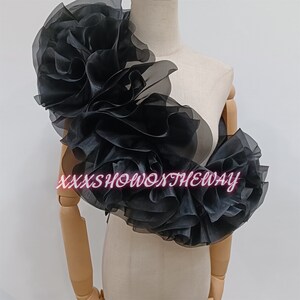 Off-the-shoulder zwarte organza bloem sjaal/verstelbare sjaal/prom jurk wraps/bruidsjurk accessoires/bruiloft scheidt/bruids zwarte sjaal afbeelding 7