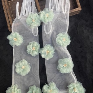 Fairy groene bloem stoffen witte Tule handschoenen/handgemaakte handschoenen/prom jurk handschoenen/bruidsjurk accessoires/bruiloft scheidt afbeelding 2
