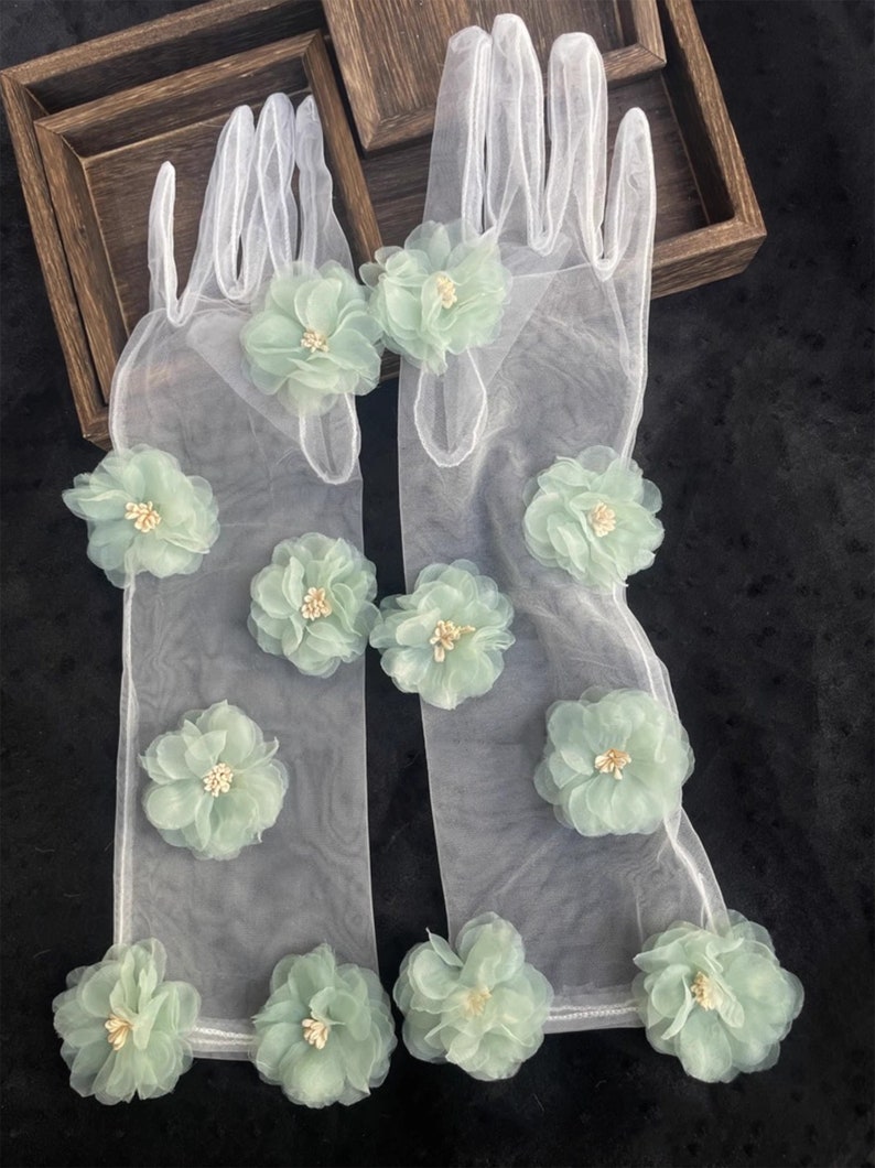 Fairy groene bloem stoffen witte Tule handschoenen/handgemaakte handschoenen/prom jurk handschoenen/bruidsjurk accessoires/bruiloft scheidt afbeelding 2