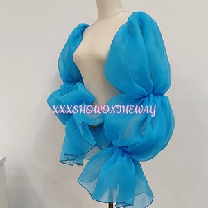 Lange blauwe gezwollen gegolfde organza elastische mouwen/afneembare armmouwen/prom dress mouwen/bruidsjurk accessoires/bruiloft scheidt afbeelding 4