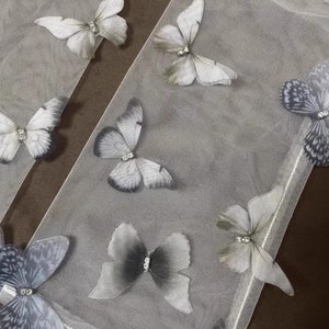 3D grijze vlinder stoffen witte Tule handschoenen/handgemaakte handschoenen/Prom Dress handschoenen/bruidsjurk accessoires/bruiloft scheidt afbeelding 4