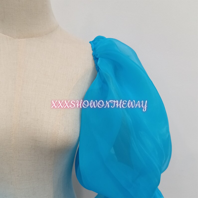 Lange blauwe gezwollen gegolfde organza elastische mouwen/afneembare armmouwen/prom dress mouwen/bruidsjurk accessoires/bruiloft scheidt afbeelding 5