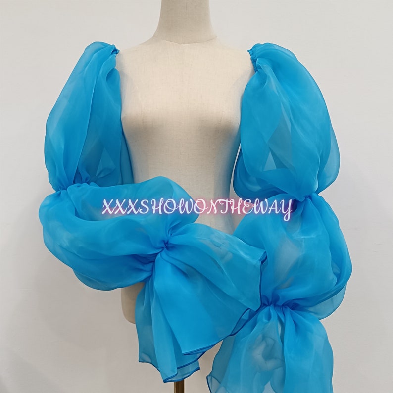 Lange blauwe gezwollen gegolfde organza elastische mouwen/afneembare armmouwen/prom dress mouwen/bruidsjurk accessoires/bruiloft scheidt afbeelding 6