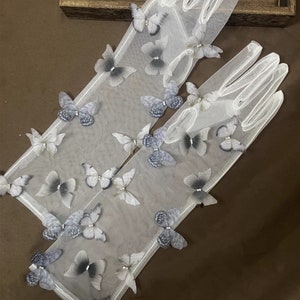 3D grijze vlinder stoffen witte Tule handschoenen/handgemaakte handschoenen/Prom Dress handschoenen/bruidsjurk accessoires/bruiloft scheidt afbeelding 3