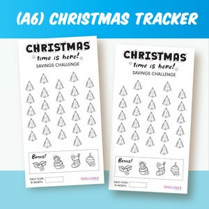Könnte beinhalten: Zwei druckbare Weihnachts-Spar-Challenge-Tracker. Jeder Tracker verfügt über ein Raster mit 40 Weihnachtsbäumen. Am unteren Rand jedes Trackers befindet sich ein Bonusbereich mit vier Symbolen: Stechpalme, Schneemann, Strumpf und Ornament. Jedes Symbol hat eine 25 daneben geschrieben. Der Text "Christmas time is here!" und "Savings Challenge" befindet sich oben auf jedem Tracker. Der Text "Each icon is worth" befindet sich unterhalb des Bonusbereichs.