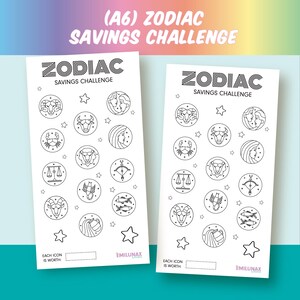 Könnte beinhalten: Ein druckbarer A6-großer Zodiac Savings Challenge-Chart mit zwei Seiten. Jede Seite zeigt 12 Sternzeichen in Schwarzweiß-Linienkunst. Der Text "ZODIAC SAVINGS CHALLENGE" befindet sich oben auf jeder Seite. Der Text "EACH ICON IS WORTH" befindet sich unten auf jeder Seite.