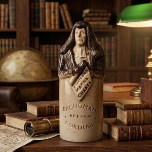 May include: A ceramic bottle shaped like a man in a wig, holding a scroll that reads "MAGNA CHARTA". The bottle is beige with brown accents and the text "BROUGHAMS REFORM CORDIAL". Books and a globe are in the background.