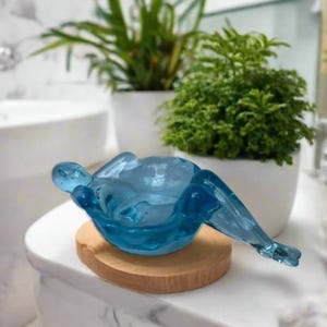 Aqua Opalescent Blue Bathing Beauty Glass Soap Trinket Dish