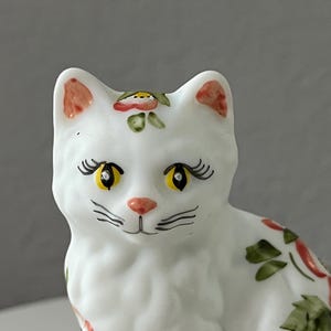 Sitting Cat Figurine Satin Glass Kitten Hand Painted Flowers