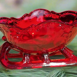 Large Ruby Red Glass Christmas Sleigh Centerpiece