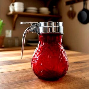 Puede incluir: Un dispensador de jarabe de vidrio rojo con tapa y asa de metal plateado. El dispensador tiene un diseño floral en relieve y se encuentra sobre una superficie de madera. Utensilios de cocina.