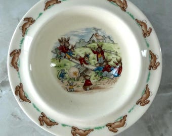 Royal Doulton Bunnykins Seesaw Cereal Bowl 1970s Beatrix Potter Style Rabbit Dish