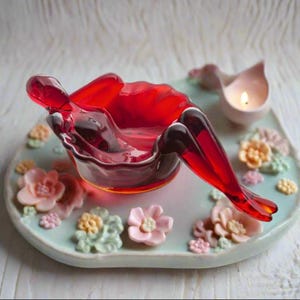 Ruby Red Glass Bathing Beauty Soap or Trinket Dish Art Nouveau Style
