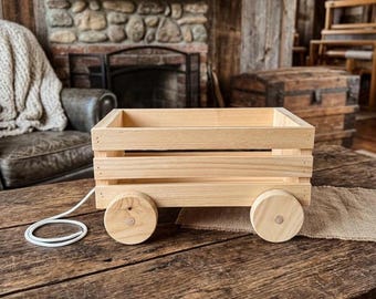 Handcrafted 14" Wooden Pull Wagon – Storage Crate and Toy