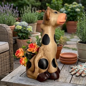 Maceta con forma de vaca pintada a mano de 28 cm (11 pulgadas) – Decoración rústica – Regalo ideal para amantes de las plantas y mamás vacas.