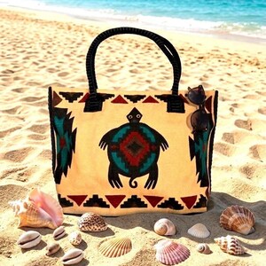 Bolso de algodón con estampado de tortugas del suroeste - Tonos tierra y borde geométrico