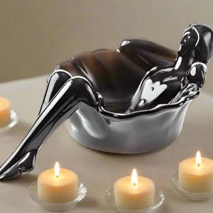 Unique Black Glass Art Nouveau Style Bathing Beauty Soap Trinket Dish