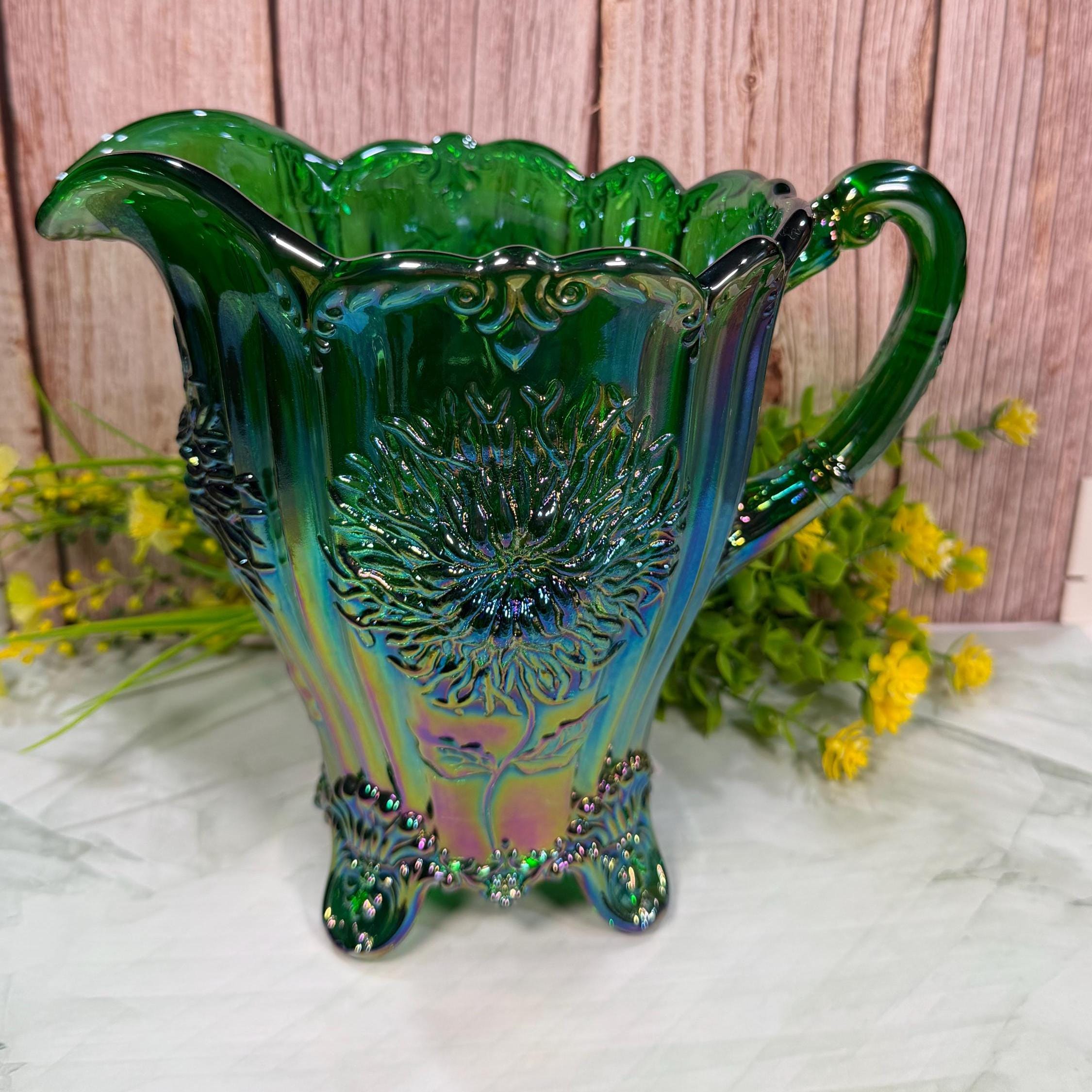 Dahlia Hunter Green Carnival Glass Pitcher - Etsy