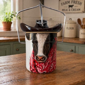 Vintage G Yewen Cowboy Cow Ceramic Crock with Hat Lid - Country Western Kichen Canister 1995