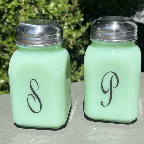 Jadeite Monogram Glass Salt & Pepper Shakers