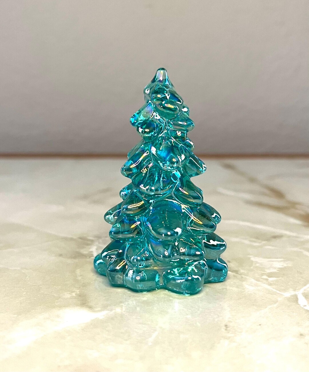 Teal Glass Pine Tree Figurine 2.75