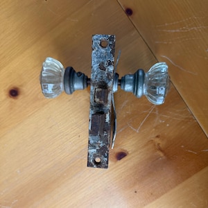 Antique Glass Doorknob Set with Escutcheons & Mortise Lock - Natural Straw Patina - Circa 1920s