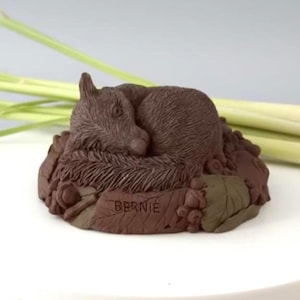 May include: A brown figurine of a sleeping squirrel curled up on a bed of leaves. The word "BERNIE" is inscribed on a leaf. The figurine is a detailed sculpture with a textured surface.