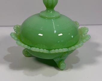 Elegant Jadeite glass Green Footed Covered Candy/Trinket Dish