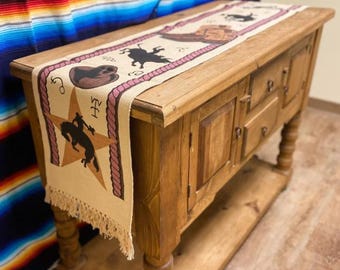Cowboy Western Cotton Table Runner 13x72 - Bronco Rider Texas Star Table Linens - Rustic Lariat Rope Border Runner with Fringe