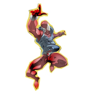 May include: A red and blue superhero character with a yellow outline, in a dynamic pose with one arm raised and the other extended, leaping through the air.