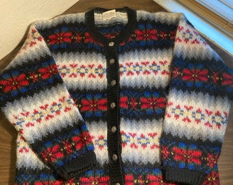 Vintage Susan Bristol Cardigan Sweater Cottagecore Fair Isle Wool Mohair Large Made in Hong Kong