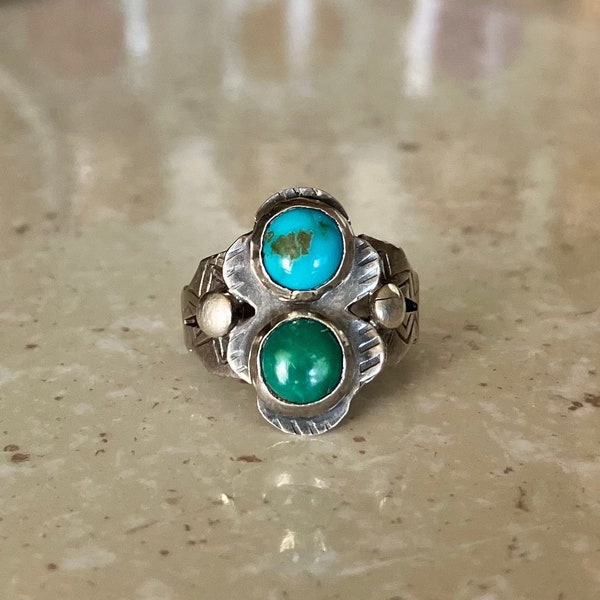 Vintage 1920s Fred Harvey Era Sterling Silver Blue and Green Turquoise Ring Size 5 Sz 5