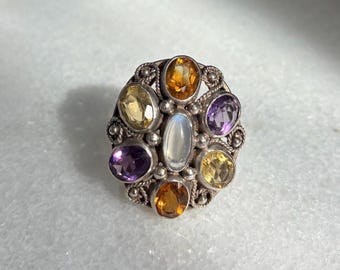 Antique Arts and Crafts Sterling Silver Ring: Ceylon Moonstone, Imperial Citrine, Amethyst Size 7