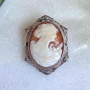 Antique Edwardian Sterling Silver Lady Portrait Cameo Brooch 1.5 Inch