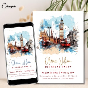 Bewerkbare sjabloon voor verjaardagsfeestje met Londen thema: digitale aquarel Londen uitnodiging voor verjaardagsfeestje, afdrukbare uitnodiging 0440