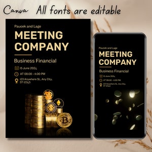 Könnte beinhalten: Eine schwarze und goldene Einladung zu einem Geschäftstreffen mit dem Text "Paucek and Lage Meeting Company Business Financial" und Details zum Treffen am 15. Juni 2024 von 20:00 bis 23:00 Uhr. Die Einladung enthält auch die Adresse 123 Anywhere St., Any City, ST 12345. Das Bild zeigt einen Stapel Goldmünzen mit verschiedenen Kryptowährungssymbolen.